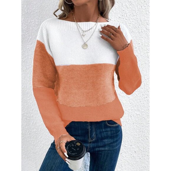 Women's Orange Long Sleeve Crew Neck Color Block Fall Fashion Pullover Sweaters - Picture 2 of 5